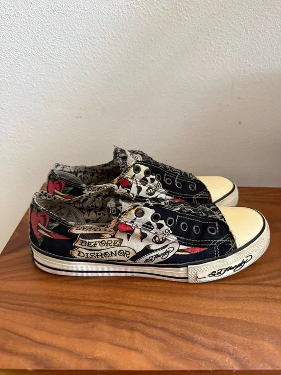 Ed Hardy Black Graphic Skull Slip-On Sneakers - Picture 1 of 3